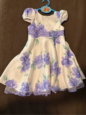 Youngland White Dress with Purple Floral Print and Polka Dot Waistband